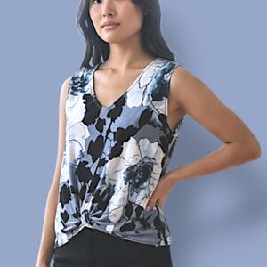 💠 DKNY Floral Twist-Front Sleeveless Top - Blue, Black, White W/ Silky Feel